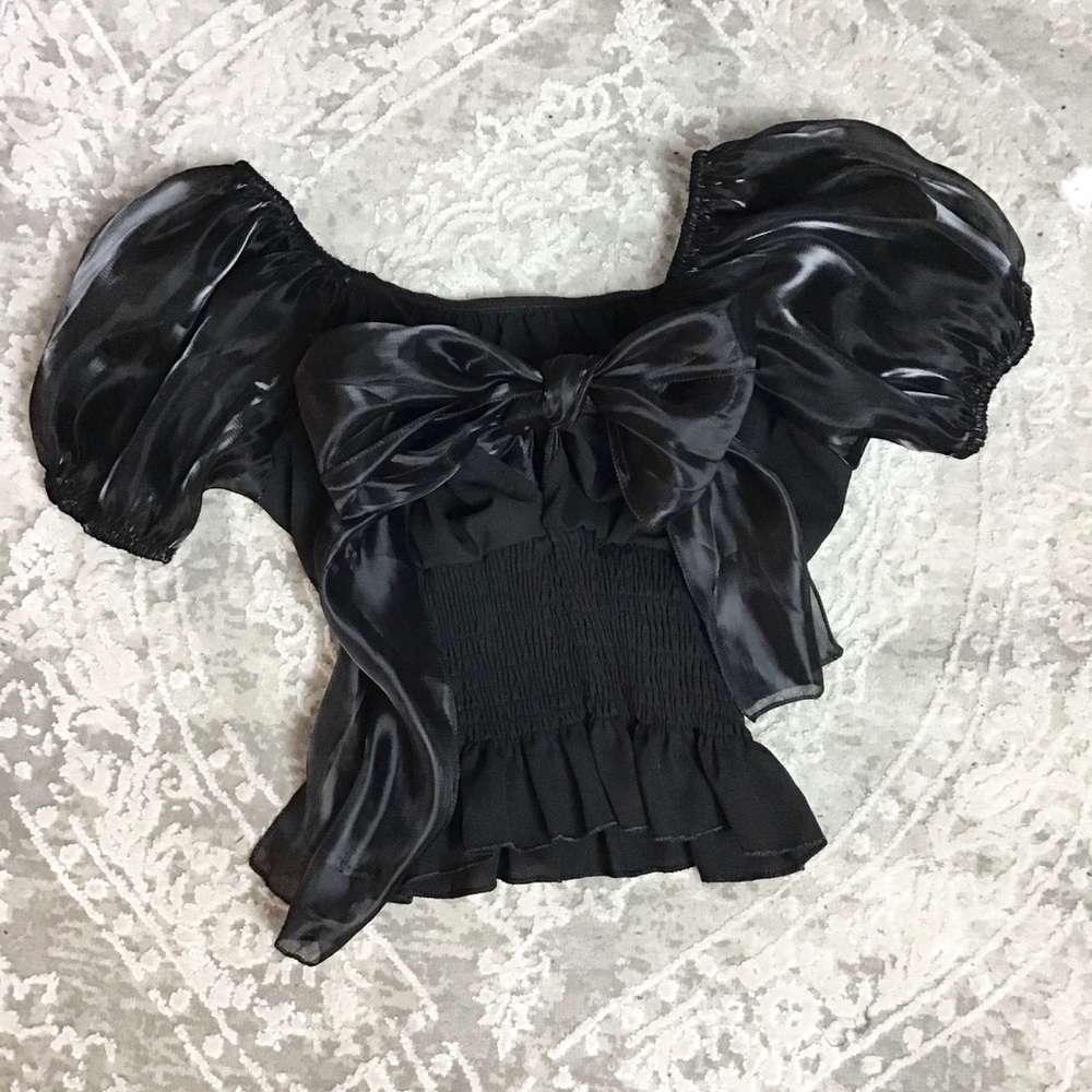 Black Puff Sleeve Bow Smocked Waist Top